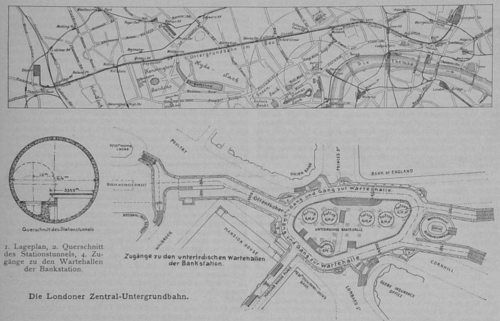 Abbildg. 1 Lageplan, 2 Querschnitt des Stationstunnels und 4 Zugänge zu den Wartehallen der Bankstation