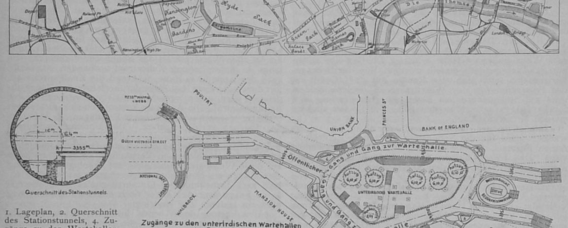 Abbildg. 1 Lageplan, 2 Querschnitt des Stationstunnels und 4 Zugänge zu den Wartehallen der Bankstation