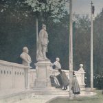 Der Kaiser (neben ihm die Kaiserin) legt einen Kranz am Standbild seines Vaters nieder