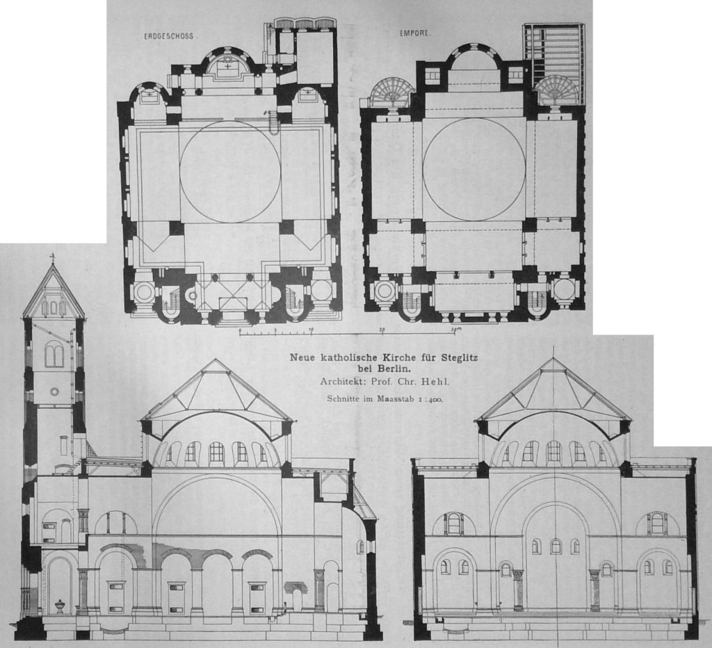 Die neue katholische Kirche für Steglitz bei Berlin - Schnitt und Grundriss