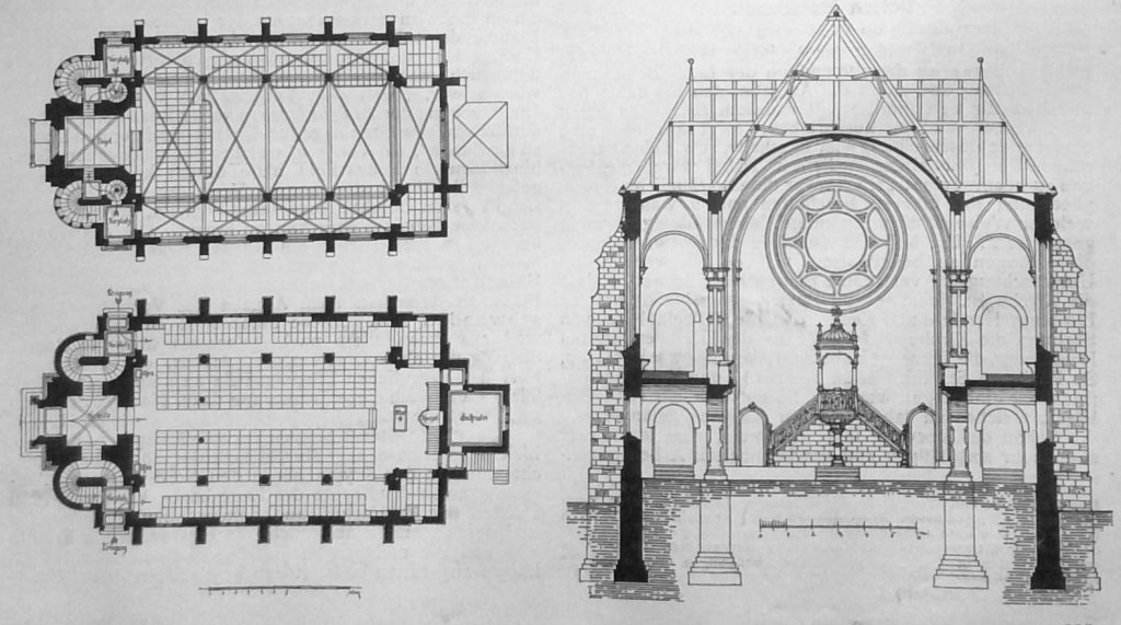 Die neue protestantische Kirche zu Oggersheim in der Rheinpfalz - Grundriss und Querschnitt (im Original ohne Beschriftung)