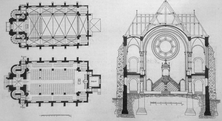 Die neue protestantische Kirche zu Oggersheim in der Rheinpfalz - Grundriss und Querschnitt (im Original ohne Beschriftung)