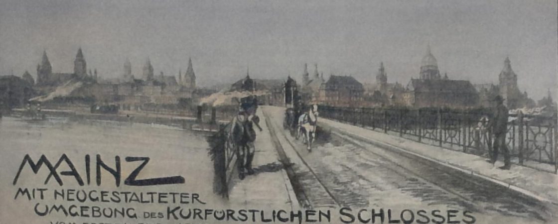 Mainz mit neugestalteter Umgebung des kurfürstlichen Schlosses vom ersten Strompfeiler der Strassen-Brücke aus gesehen