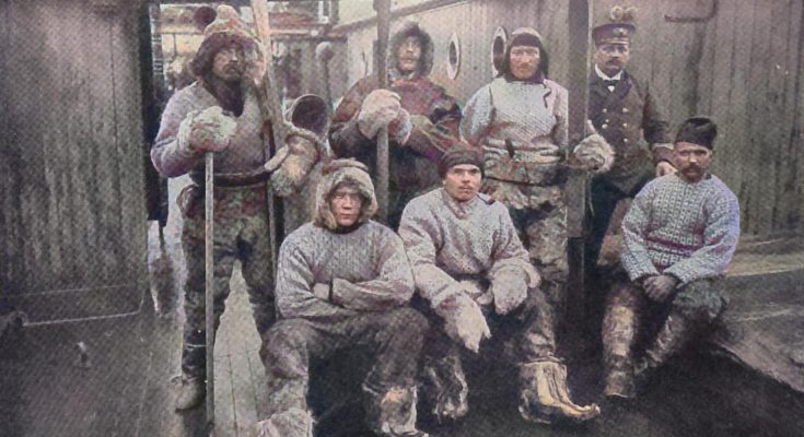 Die Heimkehr der deutschen Südpolarexpedition - Teilnehmer der Expedition in Polarausrüstung