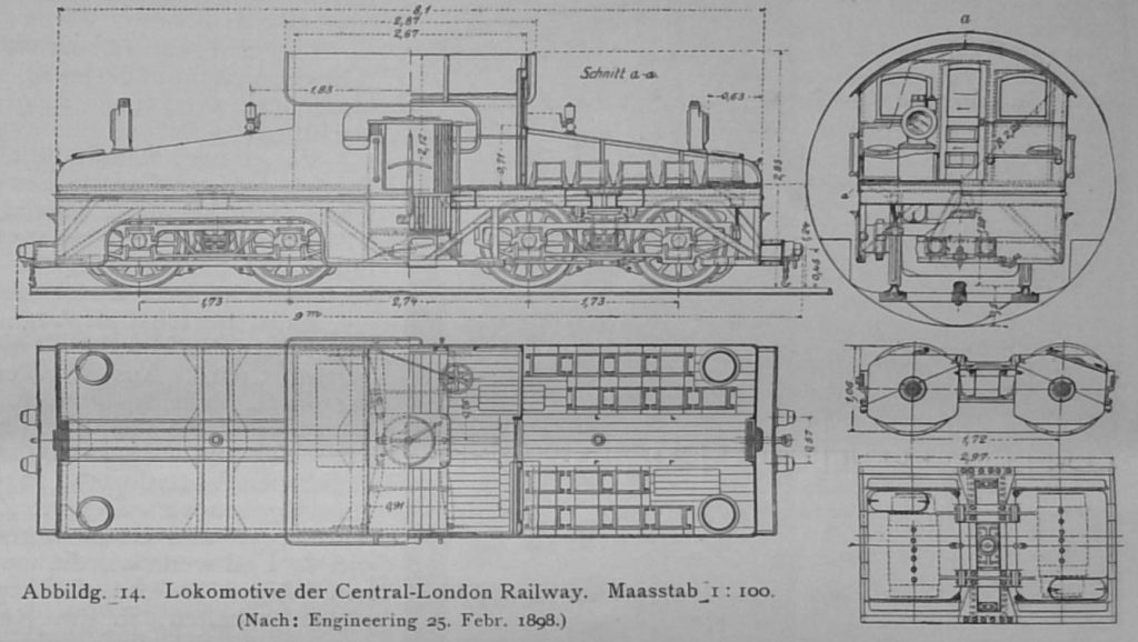 Abbildg. 14 Lokomotive der Central-London Railway. Maasstab 1 zu 100. (Nach Engineering 25. Feb. 1898.)
