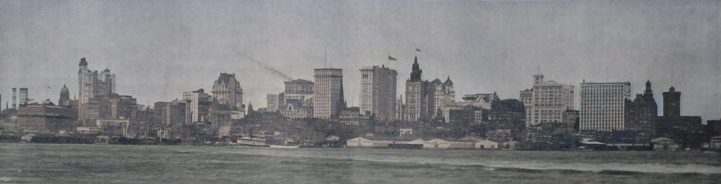 Gruppe von Riesenhäusern in der City und am Hafen von New-York
