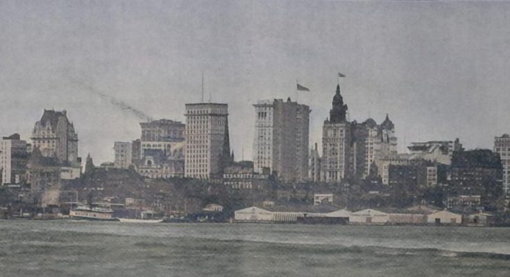 Gruppe von Riesenhäusern in der City und am Hafen von New-York