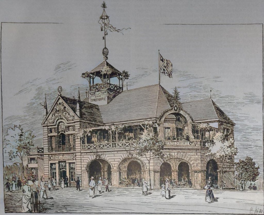 Bierausschank der Brauerei Zum Spaten auf der Pariser Weltausstellung 1900. Arch. Prof. Em. Seidl in München