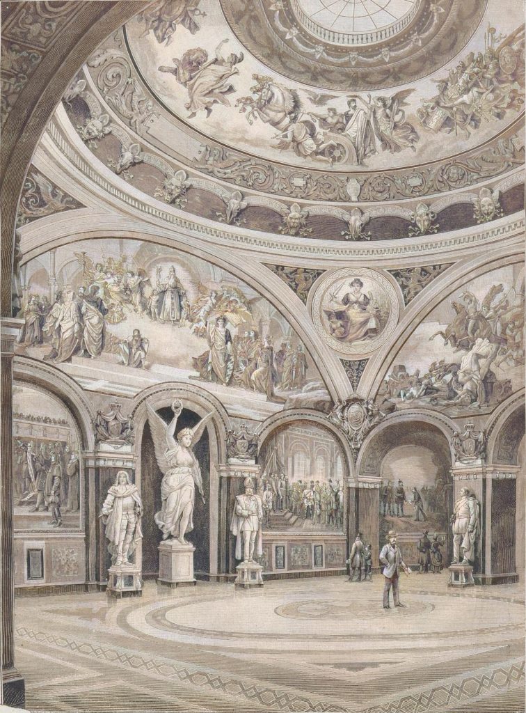 Die Herrscherhalle im Zeughaus zu Berlin. Nach einer Originalzeichnung von F. Schlattmann