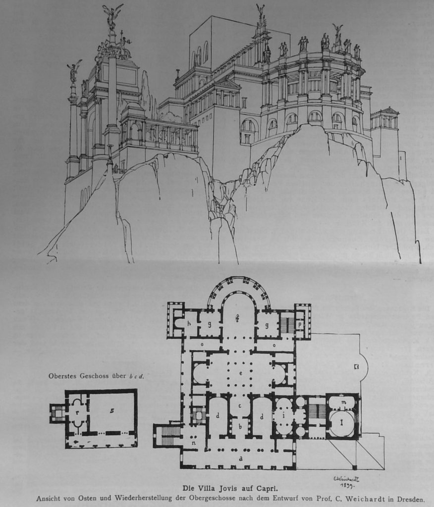 Die Villa Jovis auf Capri. Ansicht von Osten und Wiederherstellung der Obergeschosse nach dem Entwurf von Prof. C. Weichardt in Dresden