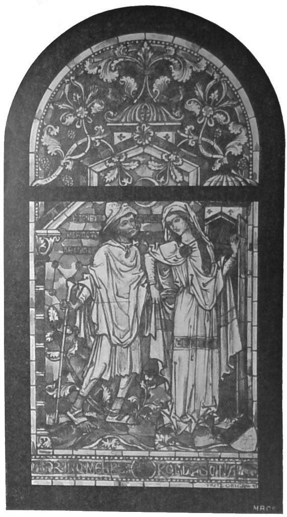 Fenster aus der Kaiser Wilhelm-Gedächniskirche in Berlin. Aus dem Atelier von Prof. Fritz Geiges in Freiburg i. Br. Barmherzigkeits-Fenster. Fremde beherbergen