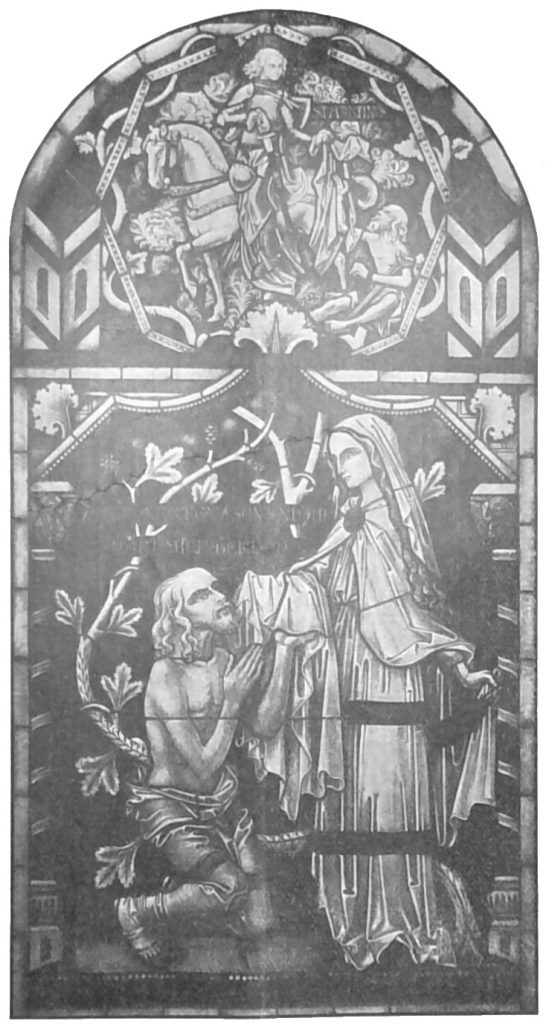Fenster aus der Kaiser Wilhelm-Gedächniskirche in Berlin. Aus dem Atelier von Prof. Fritz Geiges in Freiburg i. Br. Barmherzigkeits-Fenster. Nackte bekleiden