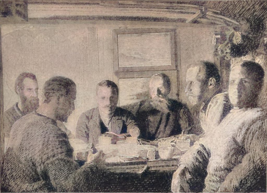 Nansen bei Tisch auf der Fram. Von links nach rechts Jacobsen, Johannsen, Blessing, Sverdrup, Nansen, Scott-Hansen