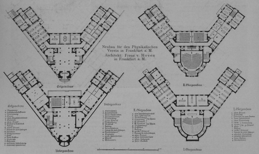 Neubau für den Physikalischen Verein in Frankfurt a. M. - Grundrisse. Architekt Franz v. Hoven in Frankfurt a. M.