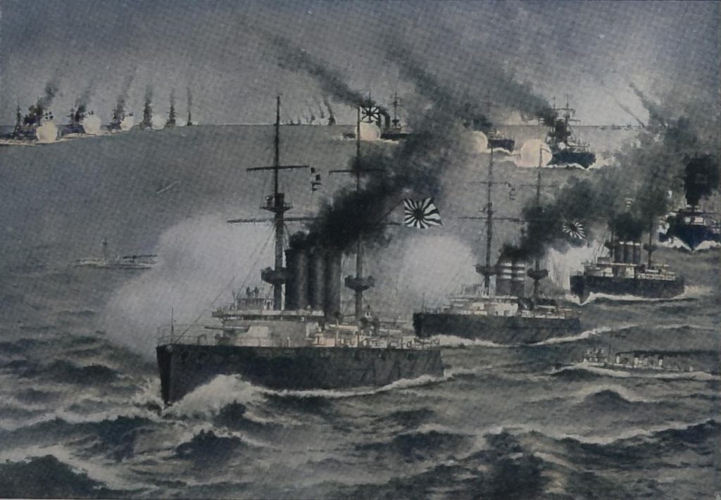 Darstellung der Seeschlacht von Port Athur. Die feindlichen Schlachtreihen