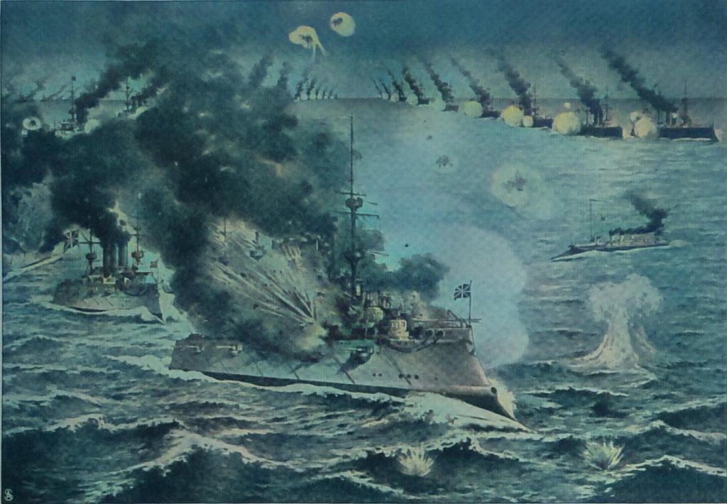 Darstellung der Seeschlacht von Port Athur. Explosion auf einem russischem Panzerschiff
