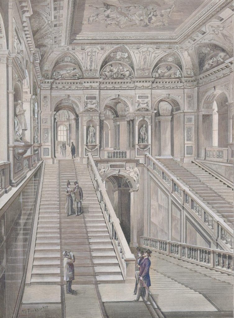 Das Treppenhaus im naturhistorischen Hofmuseum zu Wien. Originalzeichnung von Th. Fischbacher
