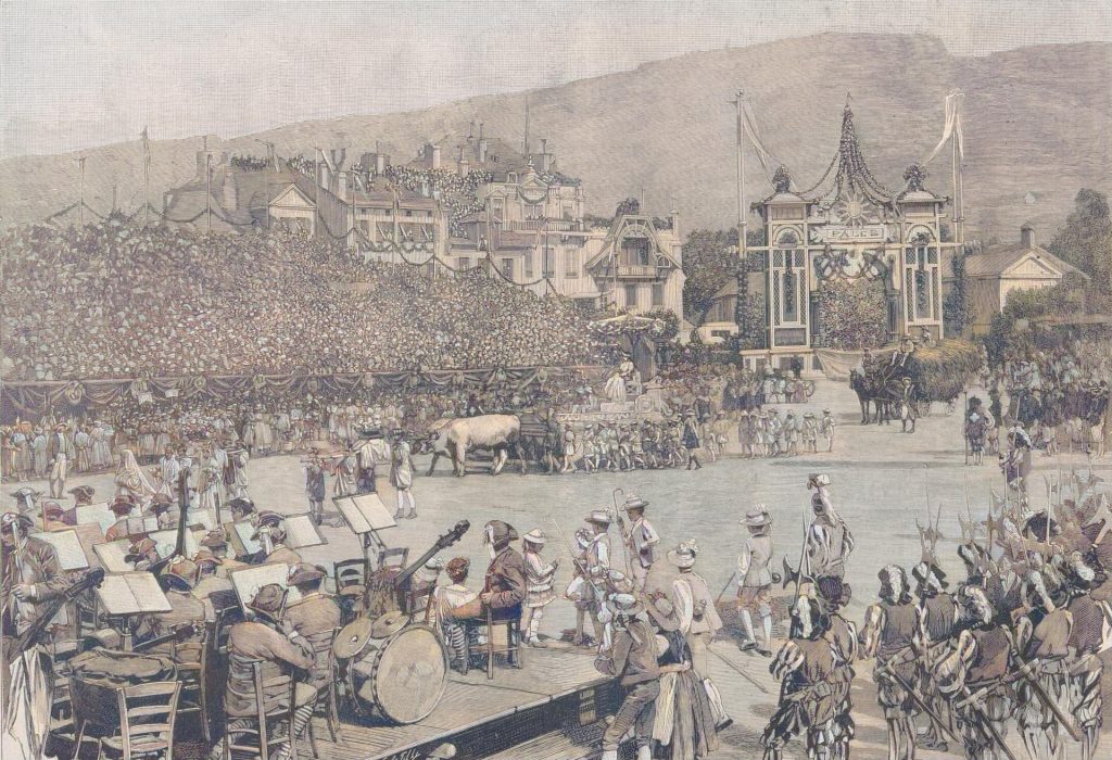 Das Winzerfest in Vevey. Ankunft des Zuges der Göttin Pales auf dem Festplatze