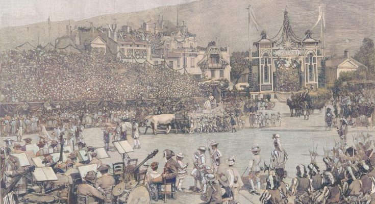 Das Winzerfest in Vevey. Ankunft des Zuges der Göttin Pales auf dem Festplatze