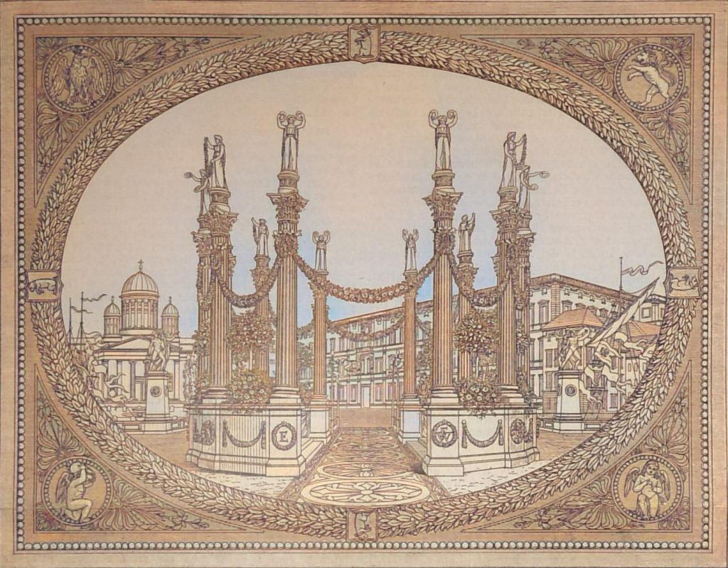 Ehrenpforte an der Schlossbrücke zu Berlin zum Einzug des Kronprinzen Freidrich Wilhelm und seiner Braut i. J. 1823. Architekt Eduard Knoblauch