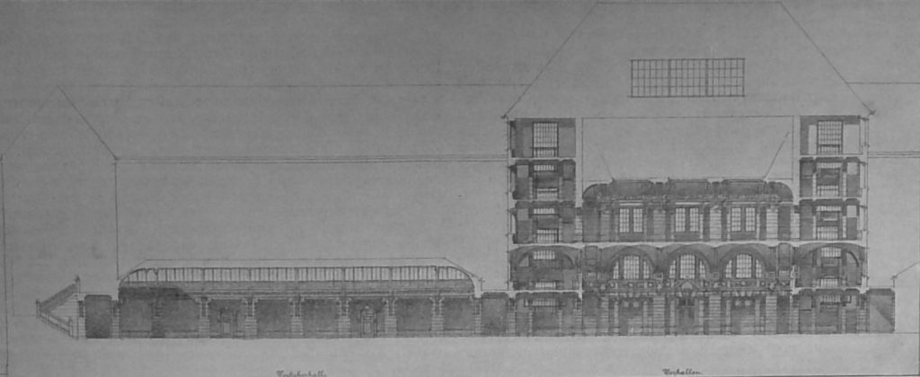 Entwurf von Solf & Wichards in Berlin. Halber Längsschnitt des Mittelbaues an der Gitschiner Strasse. 1:500