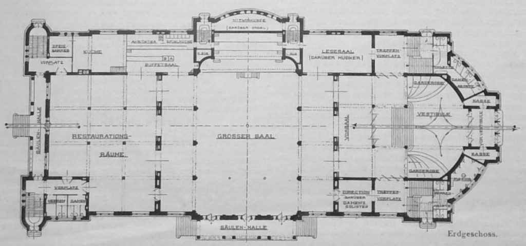 Entwurf zu einem Saalbau in Heidelberg. Architekten Henkenhaf & Ebert in Heidelberg - Erdgeschoss