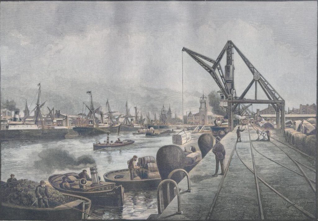 Der Freihafen in Bremen. Originalzeichnung von W. Stöwer