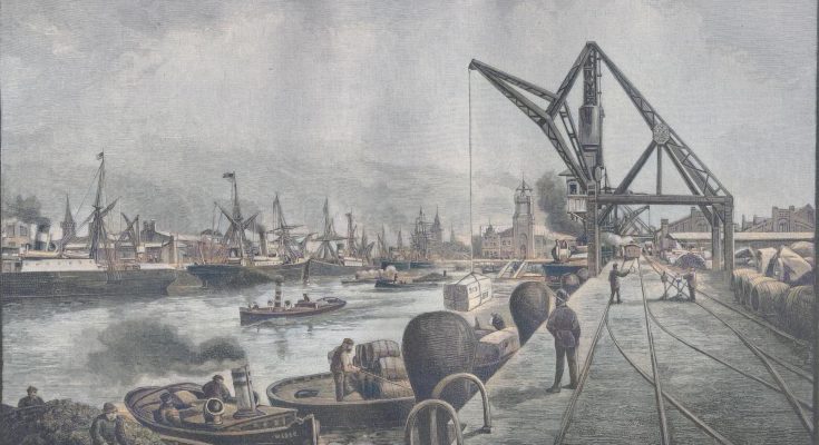 Der Freihafen in Bremen. Originalzeichnung von W. Stöwer